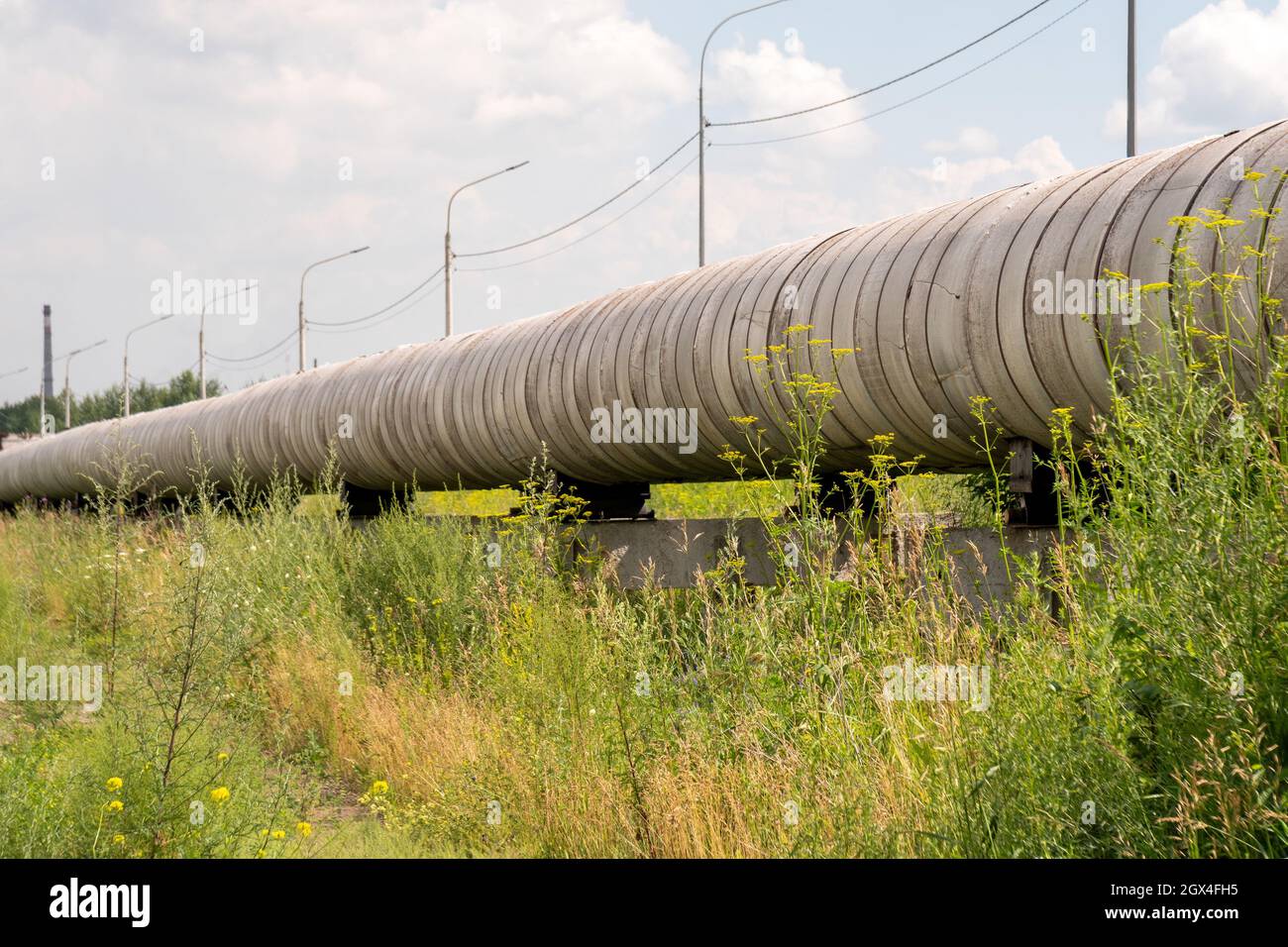 Pipeline a terra della rete principale di riscaldamento urbano su un supporto in cemento armato tra l'erba in una giornata estiva soleggiata. Foto Stock