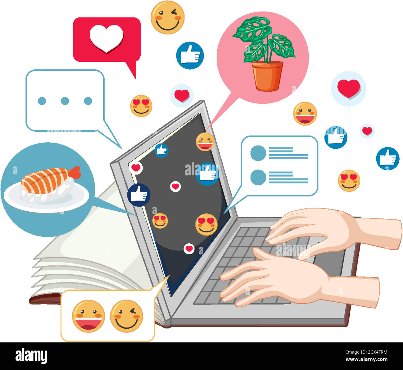 Notebook con icona di fumetto sui social media Emoji isolato su sfondo bianco Illustrazione Vettoriale