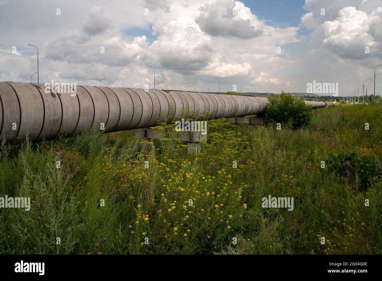 Il gasdotto della rete principale di riscaldamento a terra su un supporto in cemento armato tra l'erba in una giornata estiva soleggiata. Foto Stock