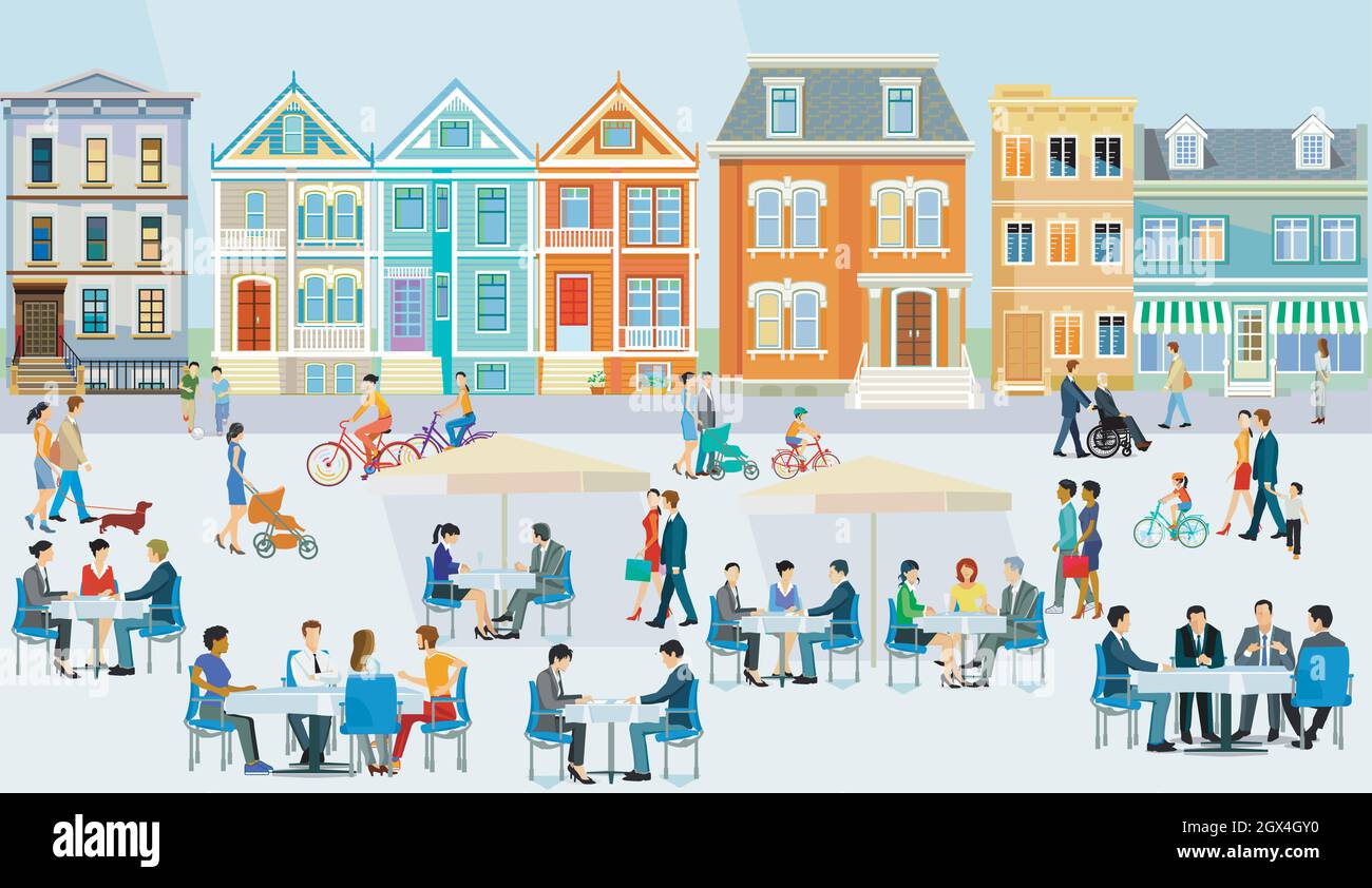 Città con pedoni e famiglie nel tempo libero, zona senza auto, illustrazione Illustrazione Vettoriale