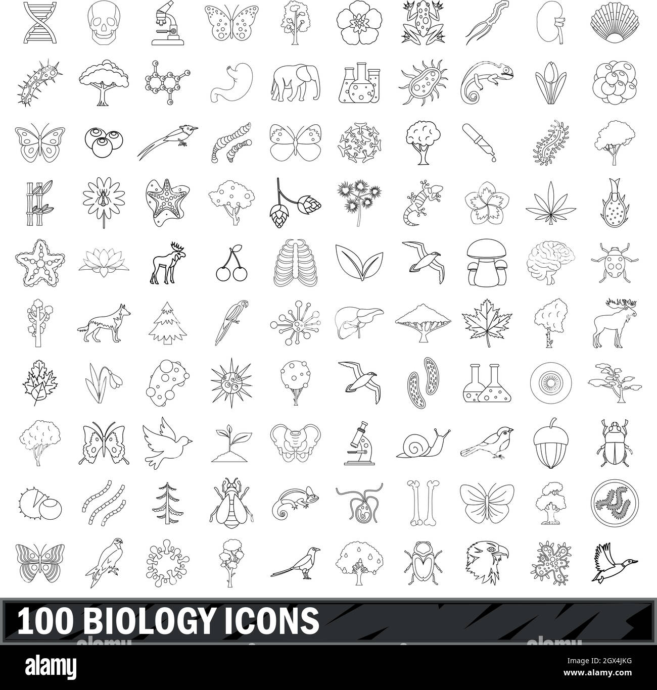 100 Biologia set di icone di stile di contorno Illustrazione Vettoriale
