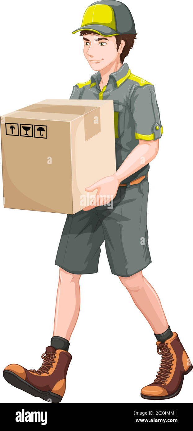 Un uomo di consegna con una scatola grande Illustrazione Vettoriale