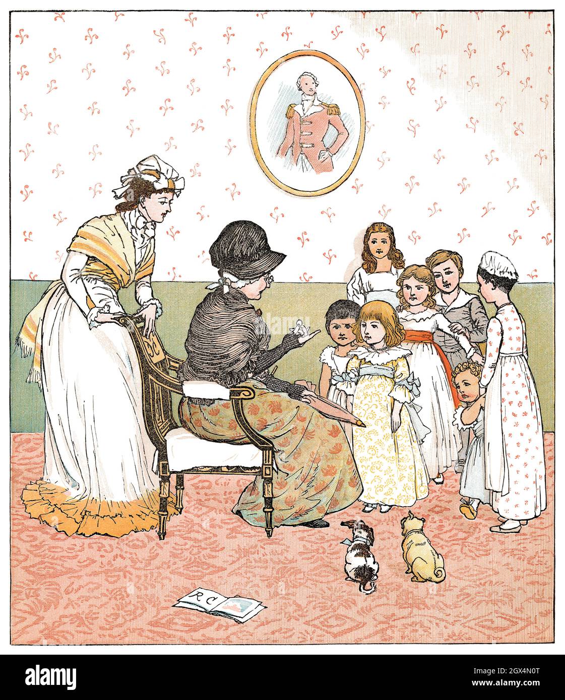 1880 illustrazione d'epoca di Randolph Caldecott per la filastrocca Sing A Song of Sixpence. Foto Stock