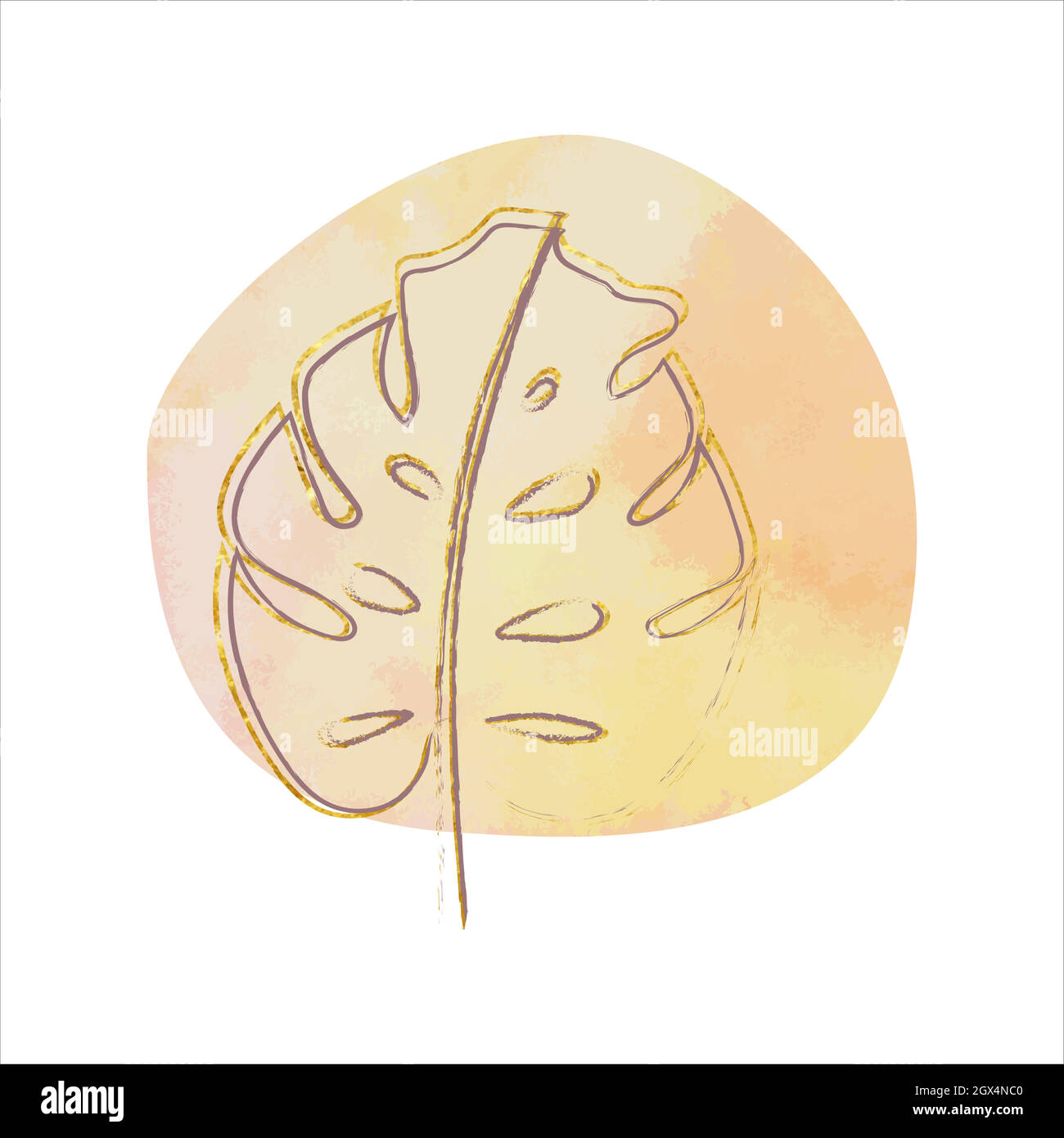 Stampa minimalista geometrica travasata. Pittura moderna astratta cerchio acquerello forme con foglie tropicali. Superficie oro, vernice acrilica decorazione Vector. Illustrazione Vettoriale