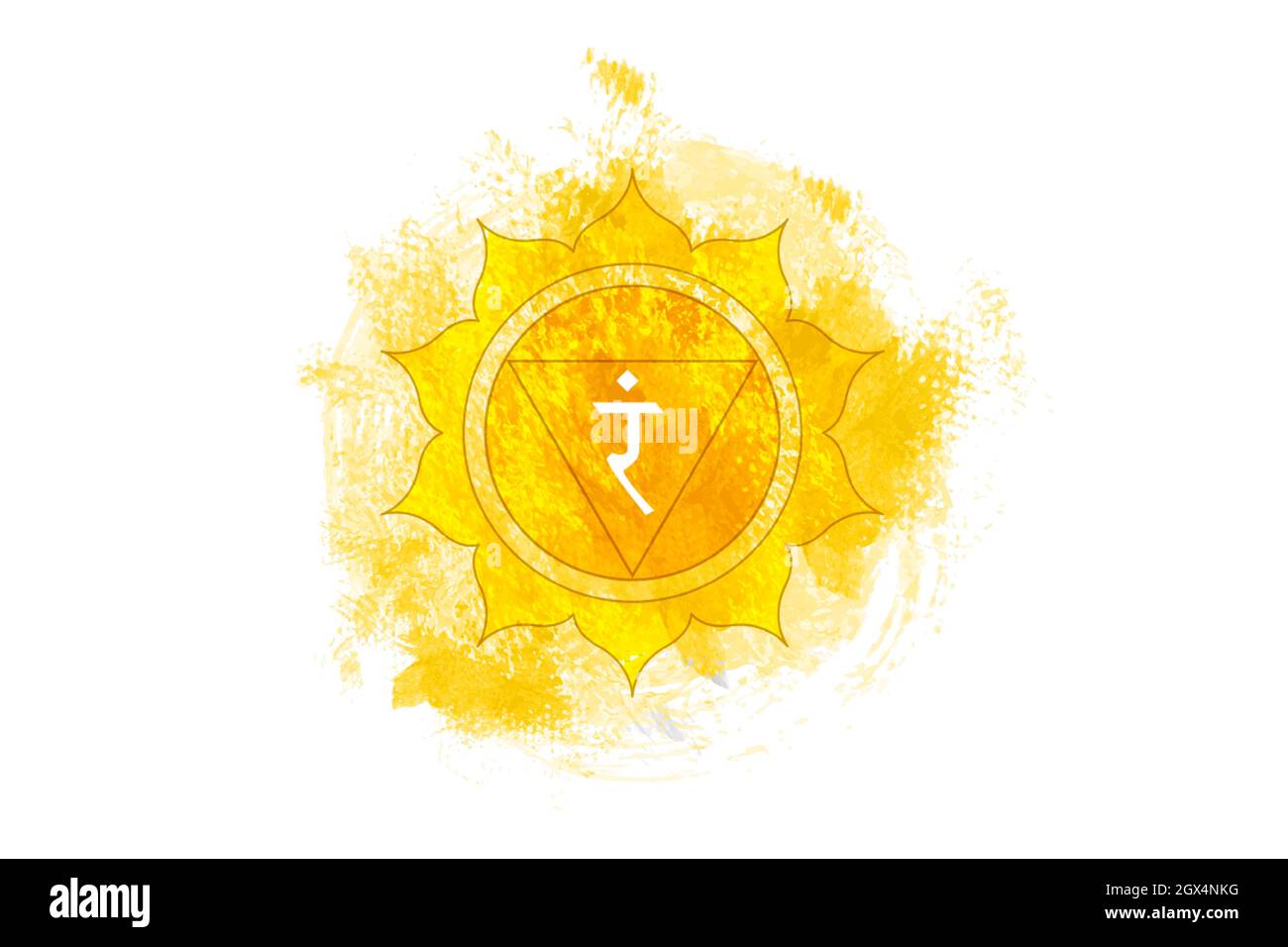 Terzo chakra di Manipura, plesso solare chakra modello logo in stile acquerello. Mandala gialla. Illustrazione vettoriale dell'elemento di meditazione spirituale Illustrazione Vettoriale
