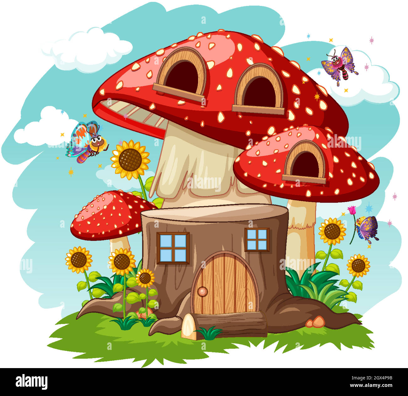 Casa di funghi e nel giardino in stile cartone animato su sfondo cielo Illustrazione Vettoriale