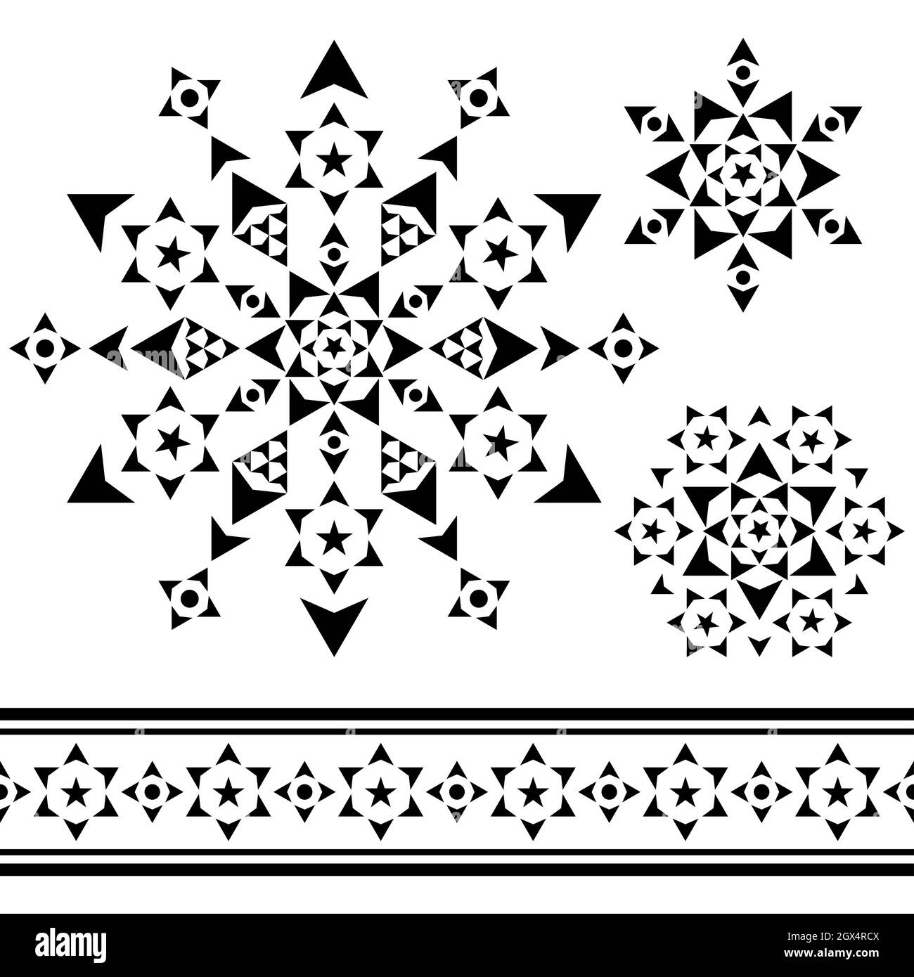 Set di design natalizio in fiocco di neve o stelle geometriche, elementi grafici decorativi invernali in nero su sfondo bianco Illustrazione Vettoriale