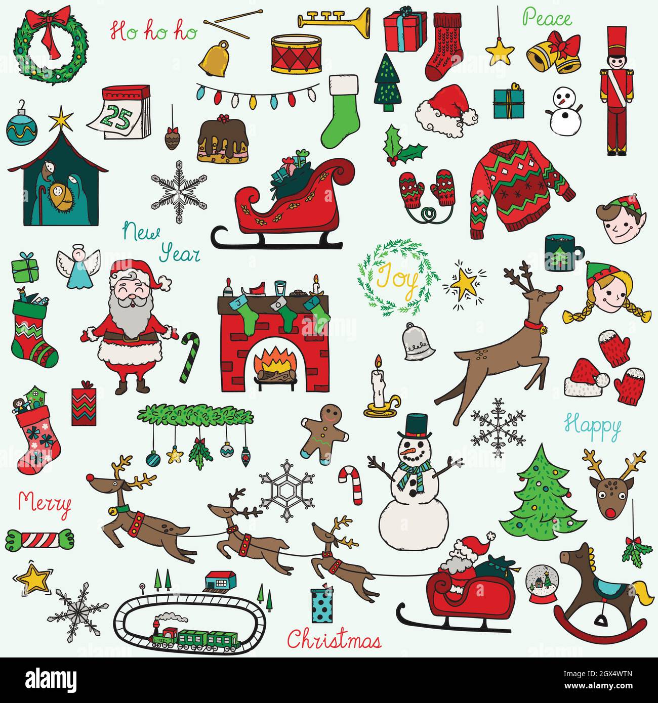 Doodles di Natale disegnati a mano. Torta di festa, regali, albero, Santa,  renne, elf, ornamento, camino. Festa di Capodanno invernale. Elementi  colorati Immagine e Vettoriale - Alamy