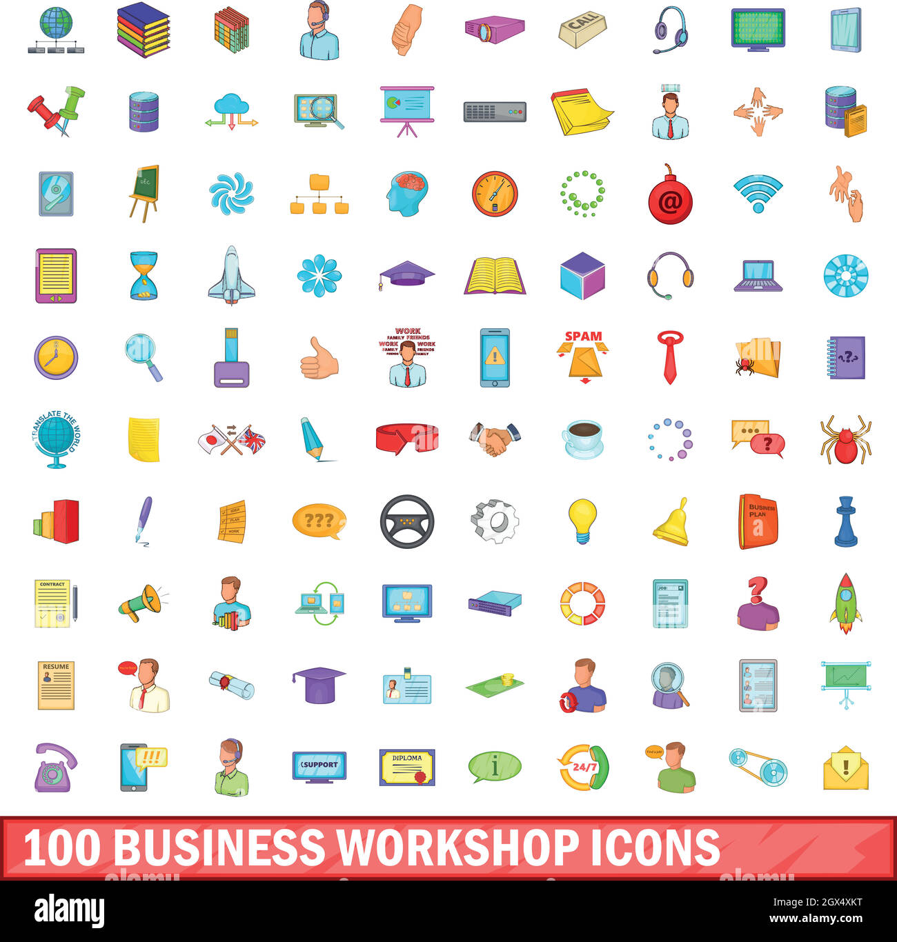 100 business workshop set di icone, stile cartoon Illustrazione Vettoriale