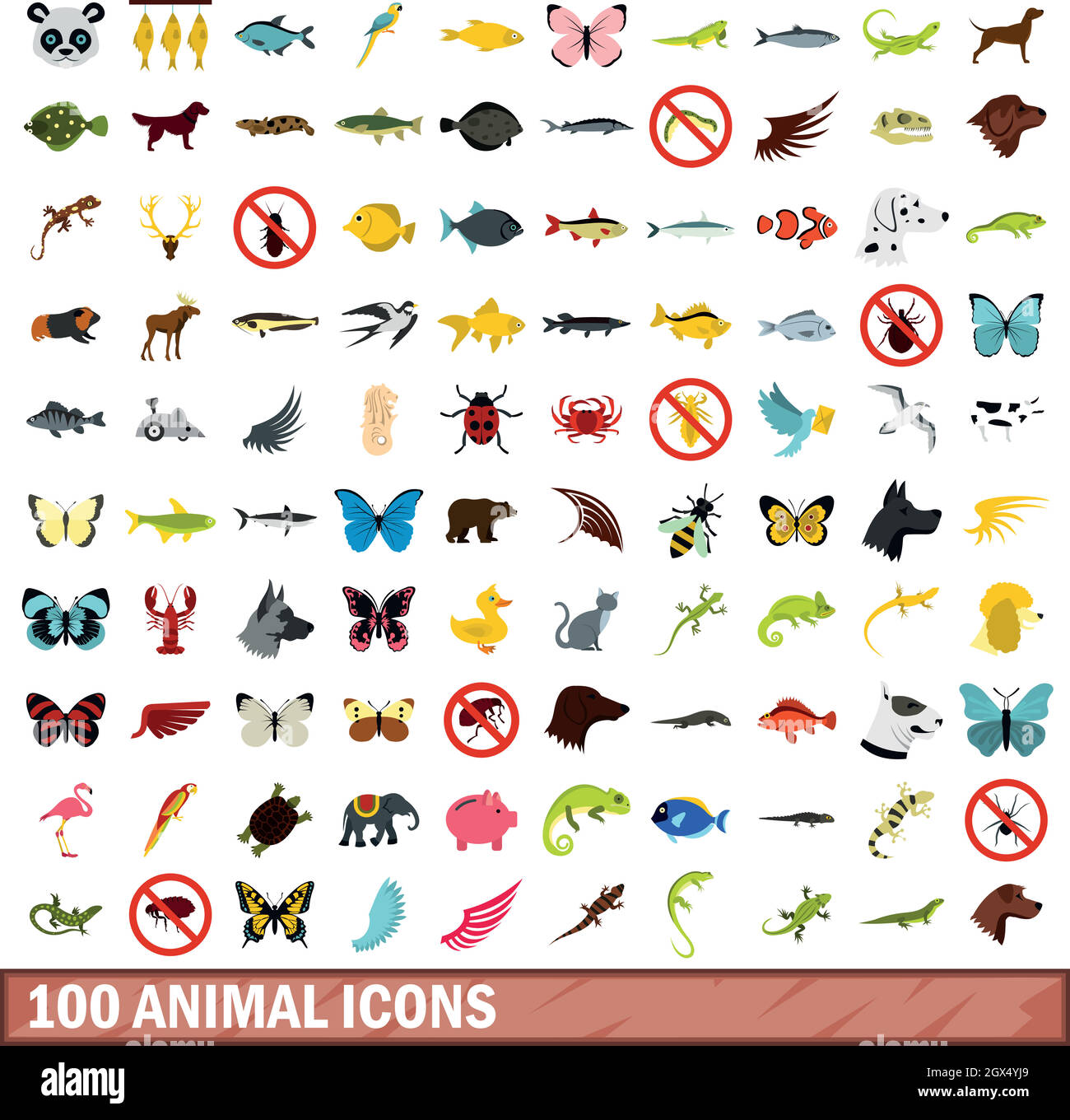 100 animali set di icone di stile di Piana Illustrazione Vettoriale