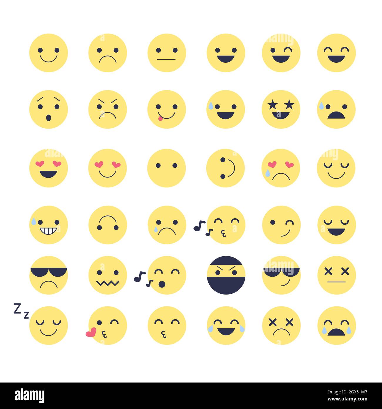 Impostare le icone delle emozioni per le applicazioni e la chat. Emoticon con diverse emozioni isolate su sfondo bianco. Illustrazione Vettoriale