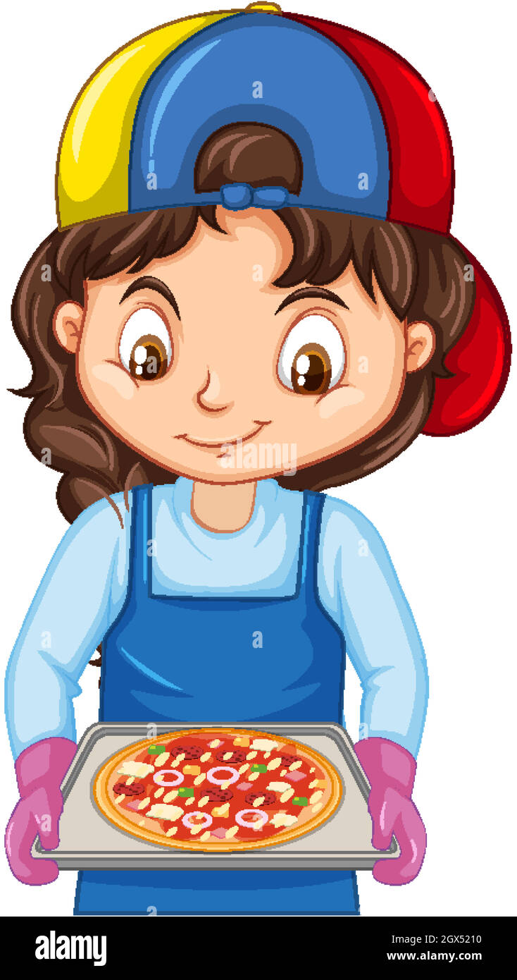 Personaggio fumetto Chef girl con vassoio per pizza Illustrazione Vettoriale
