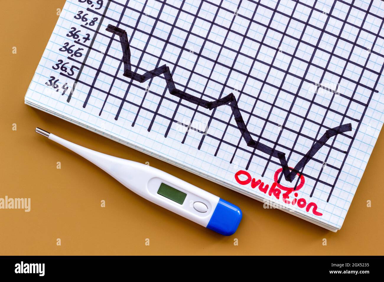 Tabella della temperatura di ovulazione basale con termometro, vista  dall'alto Foto stock - Alamy