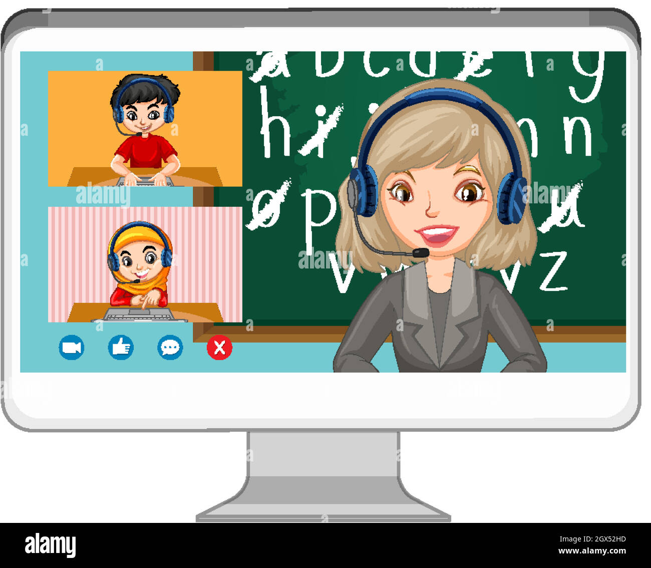 Schermata online della chat video degli studenti sullo schermo del computer su sfondo bianco Illustrazione Vettoriale