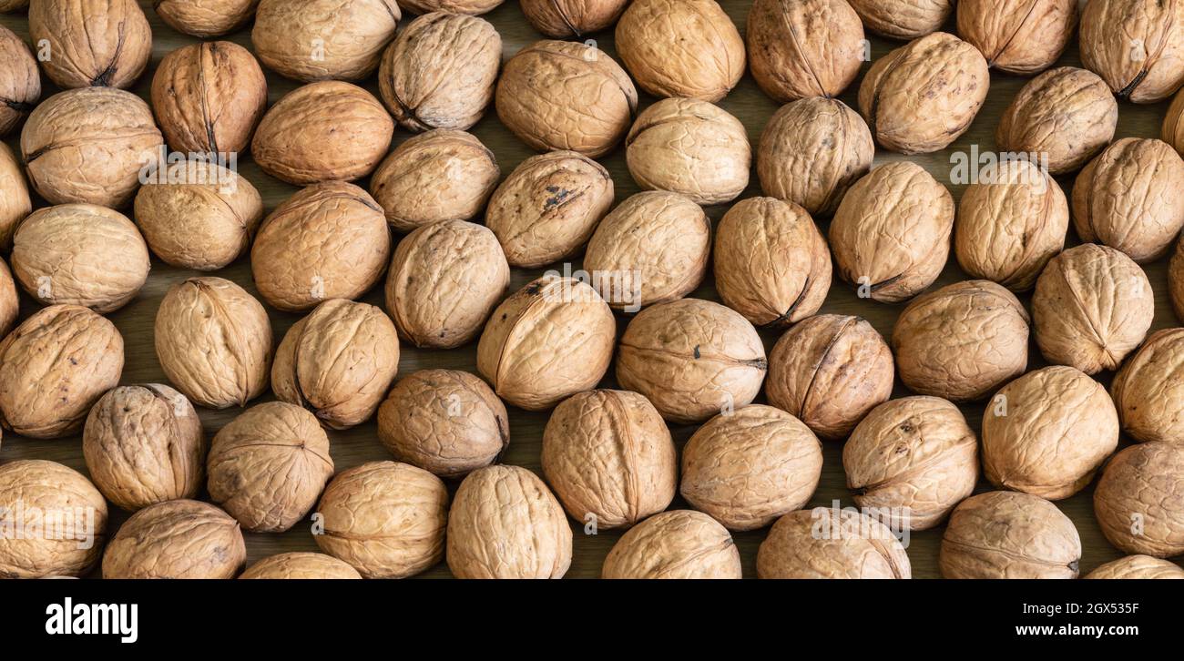 Sfondo di noci sane in guscio. Foto Stock