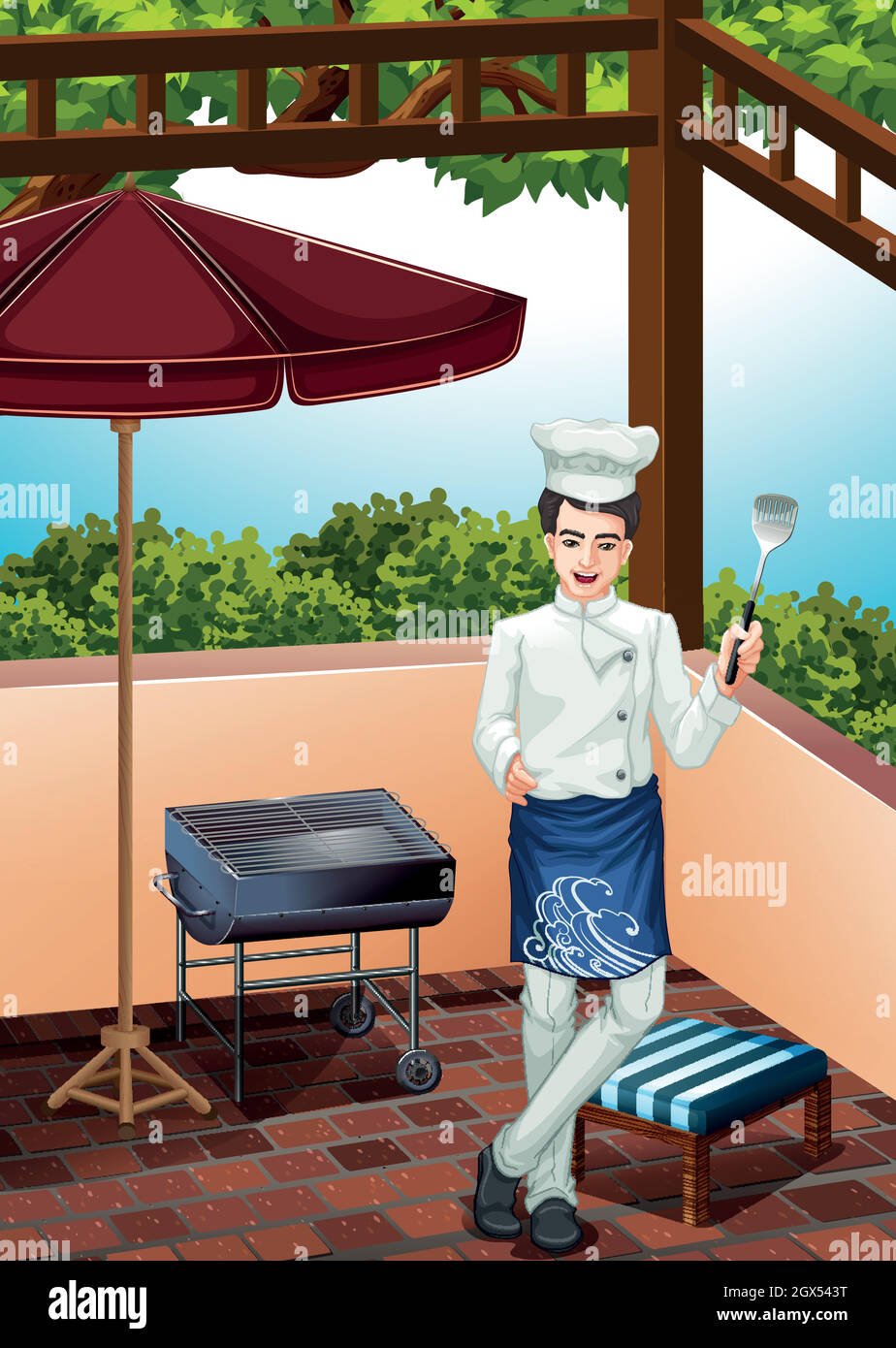 Cucina maschile chef al grill Illustrazione Vettoriale