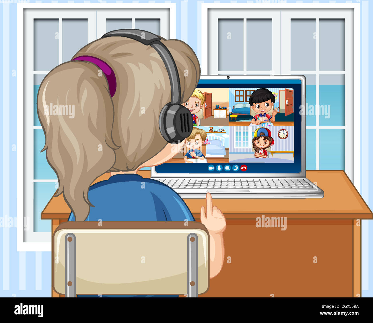 Vista posteriore di una ragazza comunicare video conferenza con gli amici a casa scena Illustrazione Vettoriale