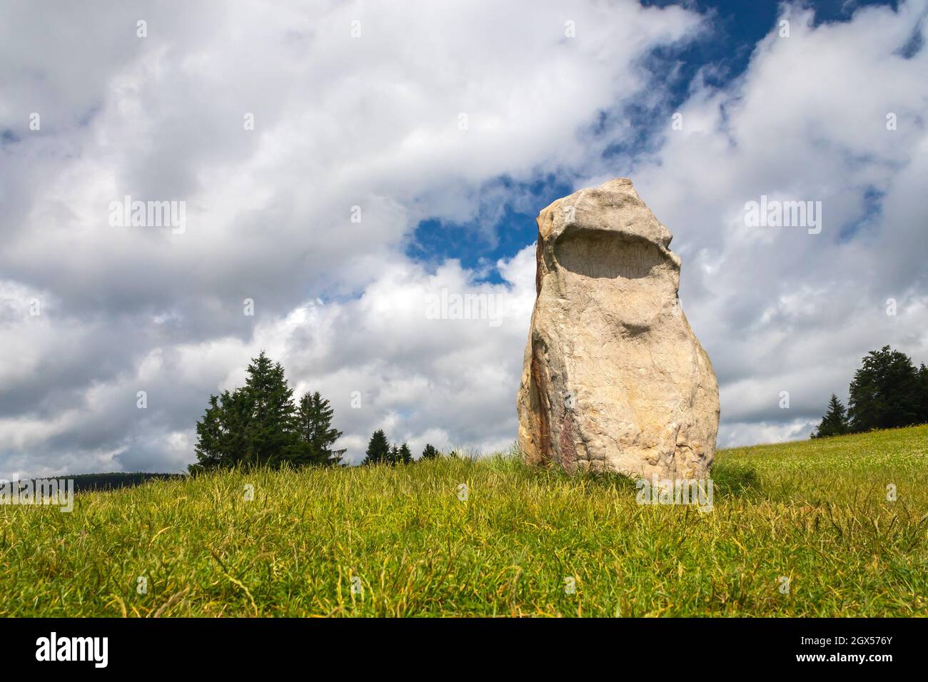 Radek Jaros Monument - grande pietra nella sella tra la roccia di Dratnik e il villaggio di Samotin, repubblica Ceca Foto Stock
