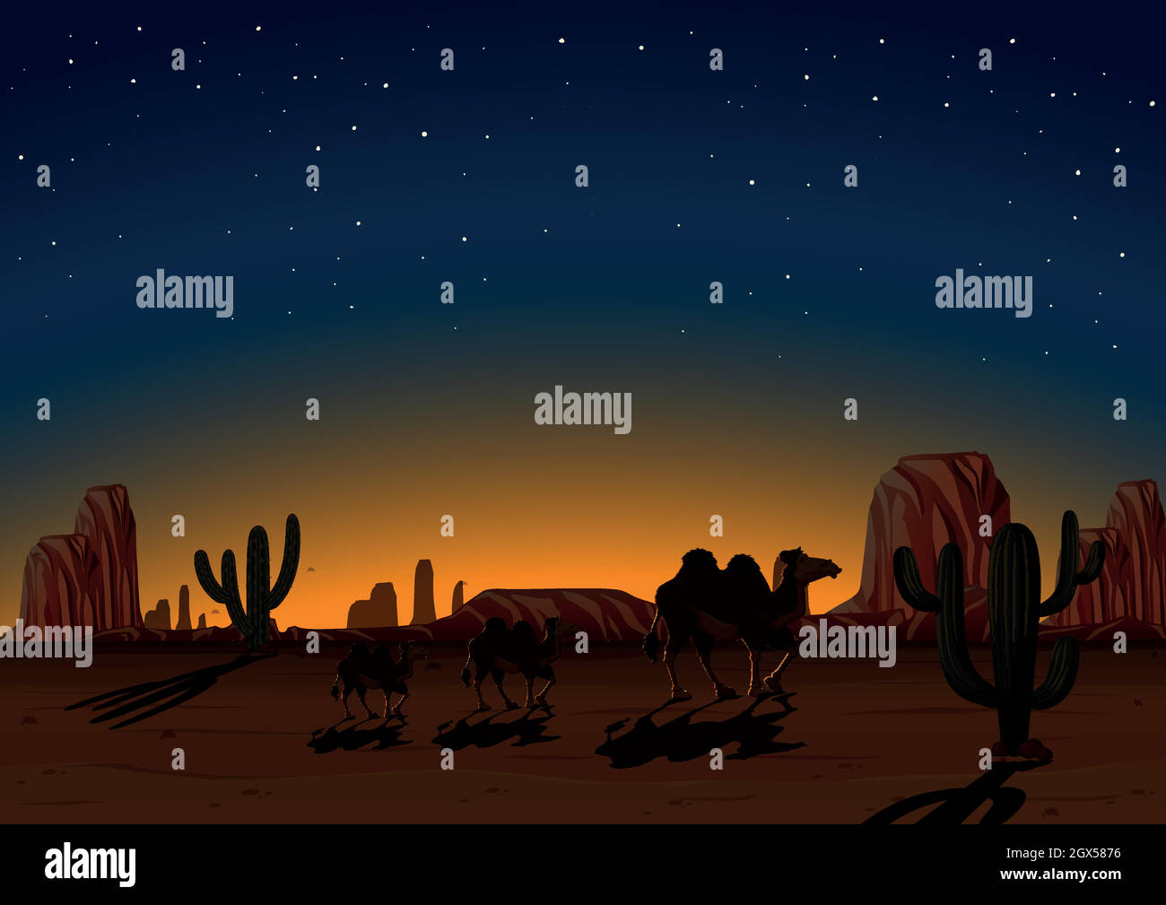 Cammelli silhouette nel deserto di notte Illustrazione Vettoriale