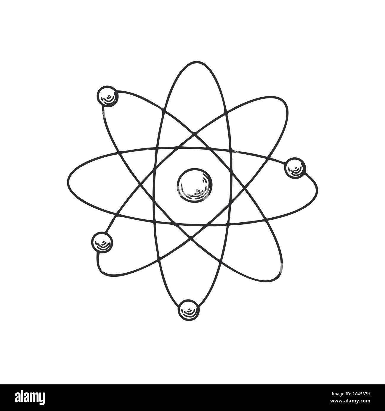 Icona della struttura atomica dello schizzo. Atomo di schizzo. Simbolo di rilevamento e chimica. Vettore Illustrazione Vettoriale