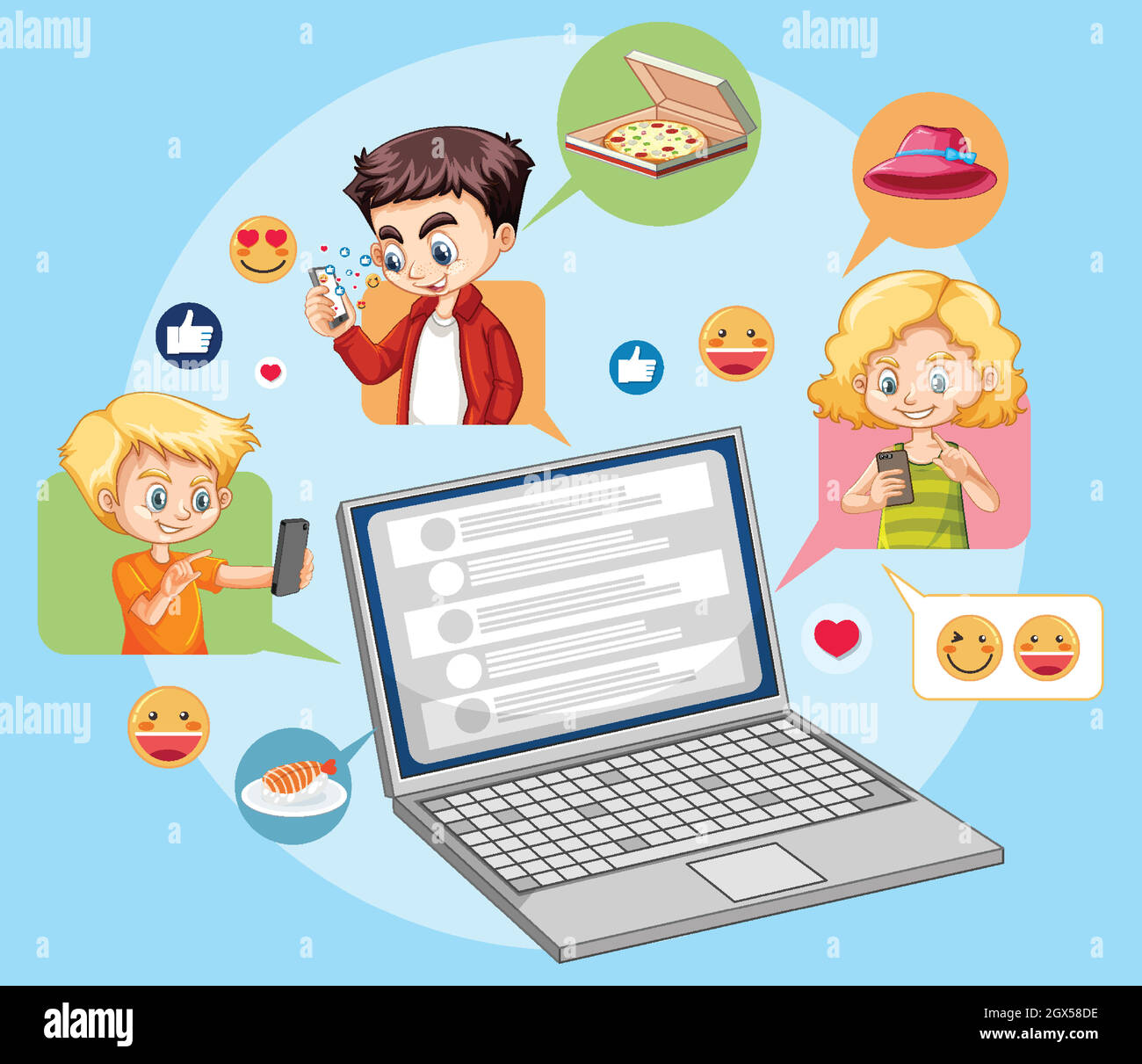Notebook con icone di stile fumetto sui social media Emoji isolato su sfondo blu Illustrazione Vettoriale
