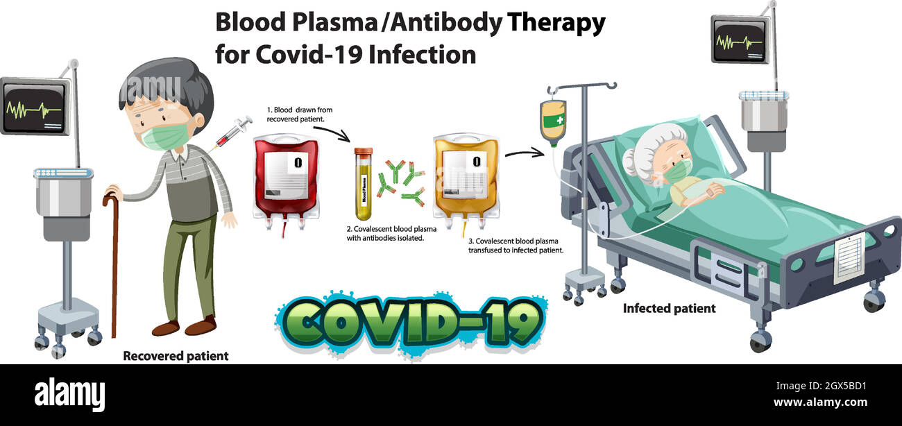 Infografica sulla terapia plasmatica/anticorpale del sangue per l'infezione da Covid-19 Illustrazione Vettoriale