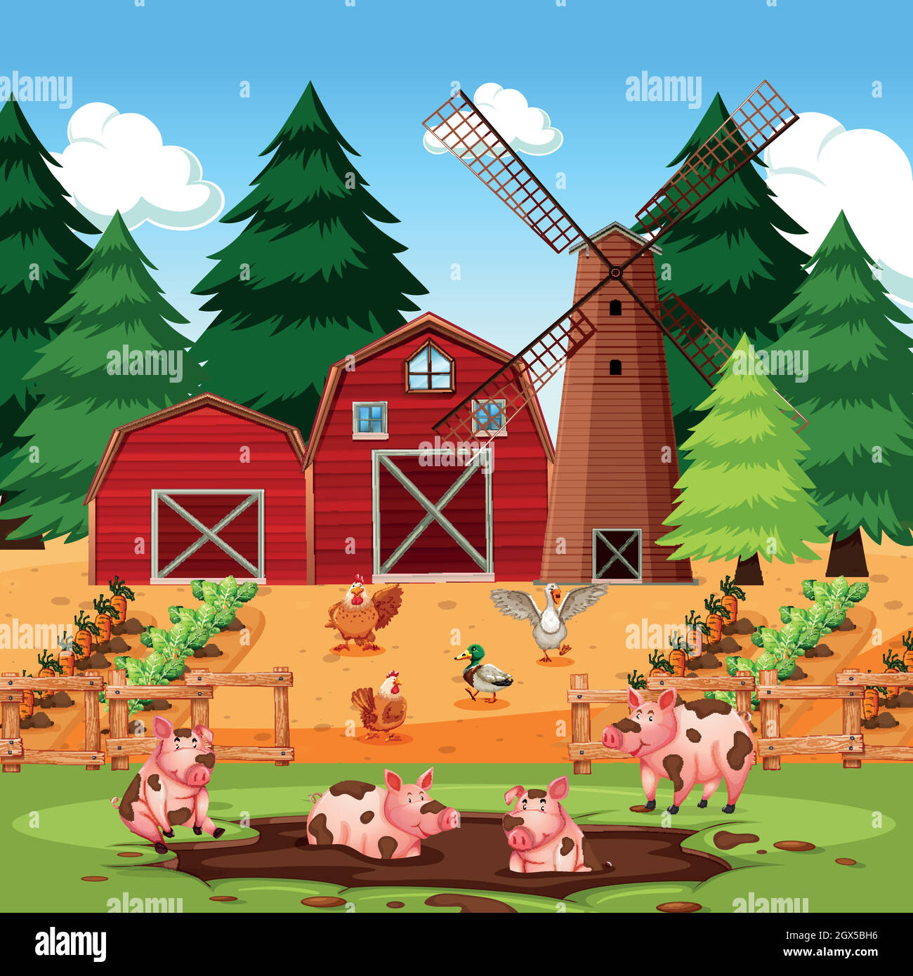 Scena di fattoria con animali e raccolti Illustrazione Vettoriale
