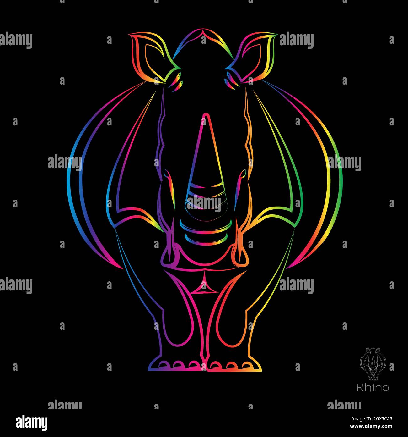 Immagine vettoriale del rinoceronte su sfondo nero. Illustrazione vettoriale a livelli facilmente modificabile. Animali selvatici. Illustrazione Vettoriale