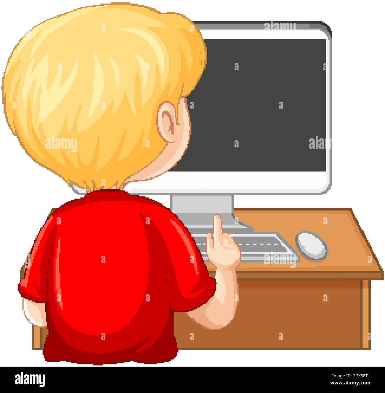 Vista posteriore di un ragazzo con il computer sul tavolo su sfondo bianco Illustrazione Vettoriale