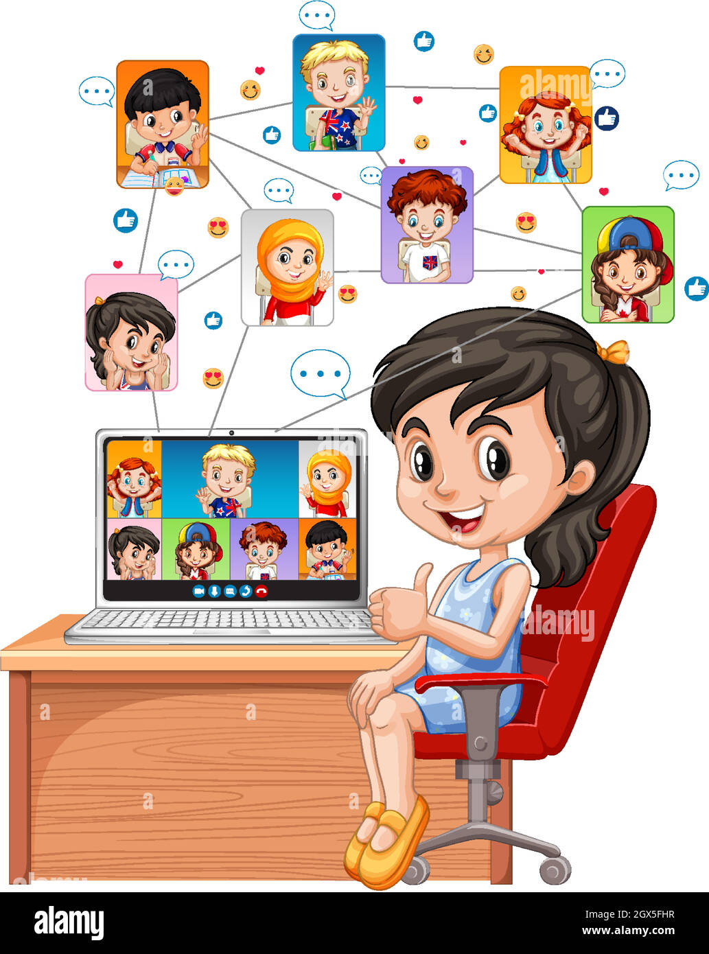 Una ragazza comunica la videoconferenza con gli amici su sfondo bianco Illustrazione Vettoriale