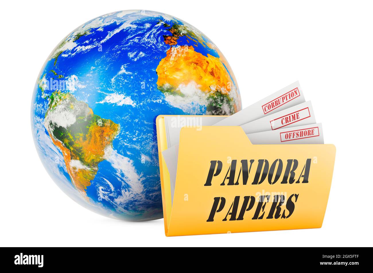 Corruzione offshore internazionale, Pandora Papers, Concept. Rendering 3D isolato su sfondo bianco Foto Stock