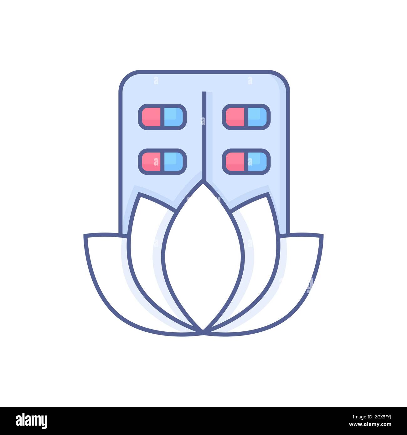Medicina organica - moderna linea design icona stile su sfondo bianco. Accurata immagine dettagliata di pillole imballaggio e fiore di loto bianco. L'idea di trattare Illustrazione Vettoriale
