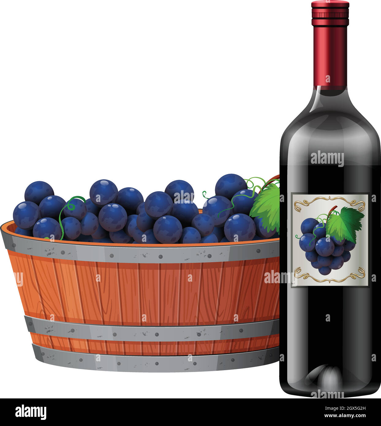 Vino rosso e secchio d'uva su sfondo bianco Illustrazione Vettoriale