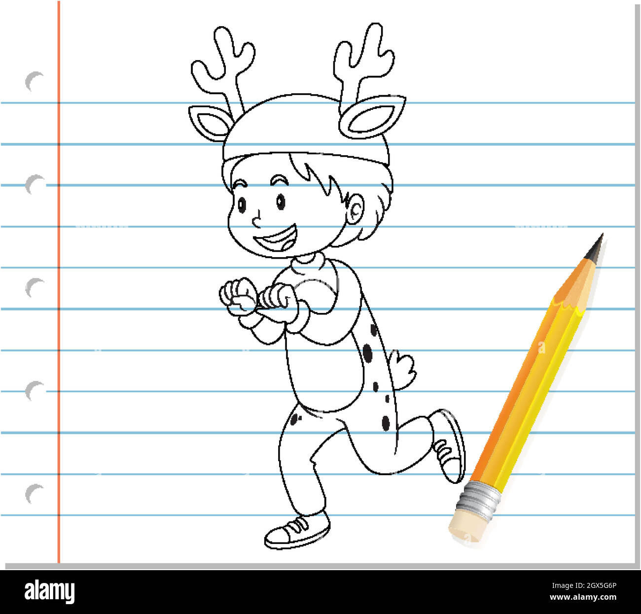 Disegno a mano di ragazzo in costume di cervo cartoon profilo Illustrazione Vettoriale