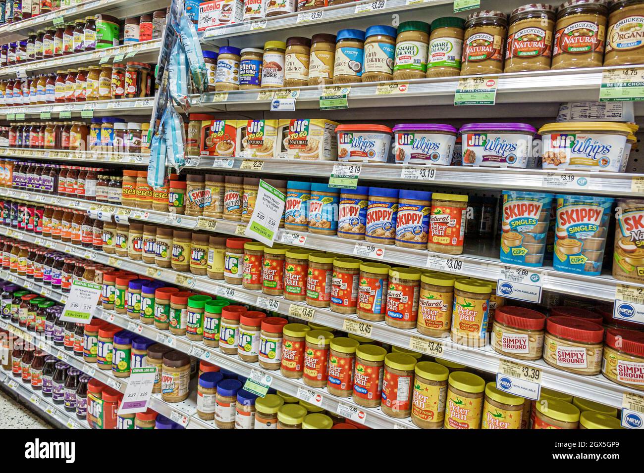 Ft. Fort Lauderdale Florida, Publix, supermercato negozio di alimentari, vendita esposizione scaffali vasi burro di arachidi Skippy Peter Pan, marche concorrenti Foto Stock
