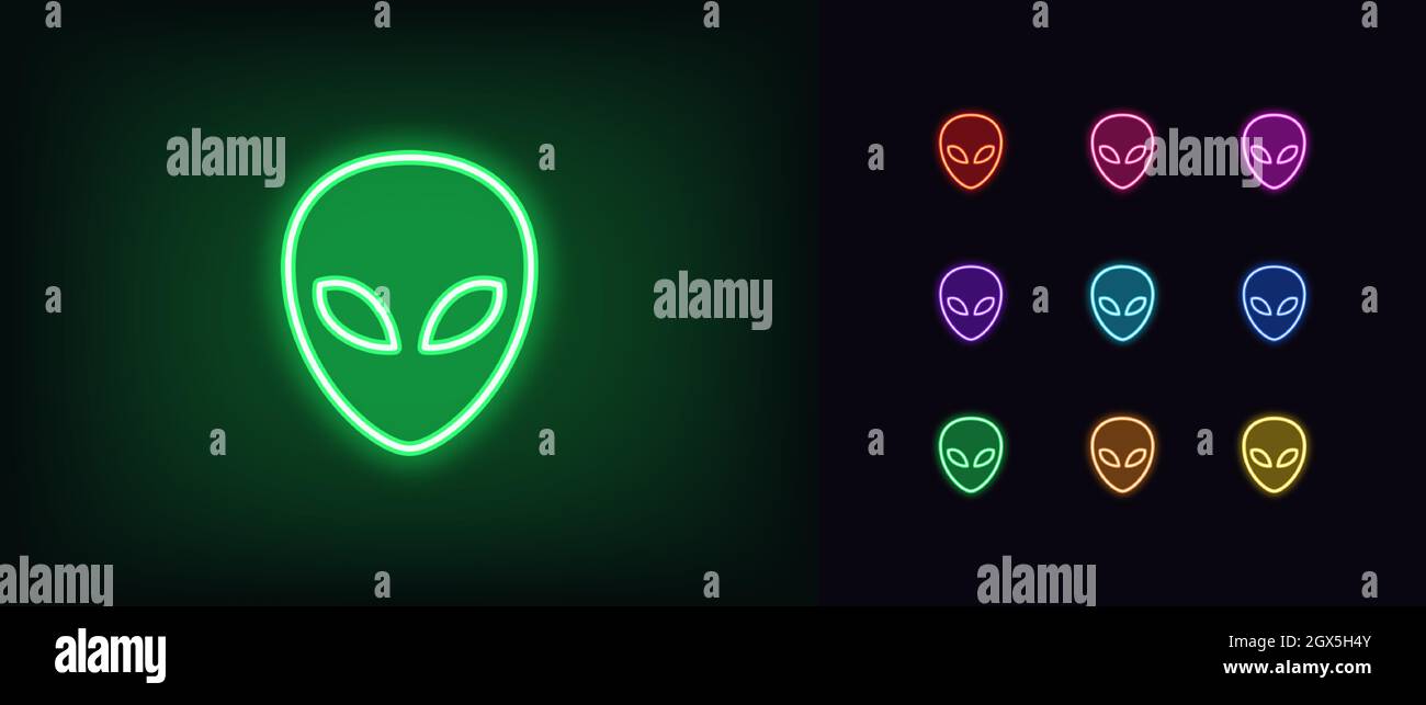 Contorno icona aliena neon. Volto alieno al neon brillante, emoticon umanoide dai colori vivaci. Invasione spaziale, straniero, emoji alieno, extraterrestre, marziano Illustrazione Vettoriale