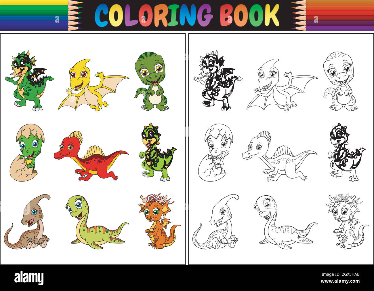 Libro da colorare con collezione di cartoni animati dinosauri Illustrazione Vettoriale