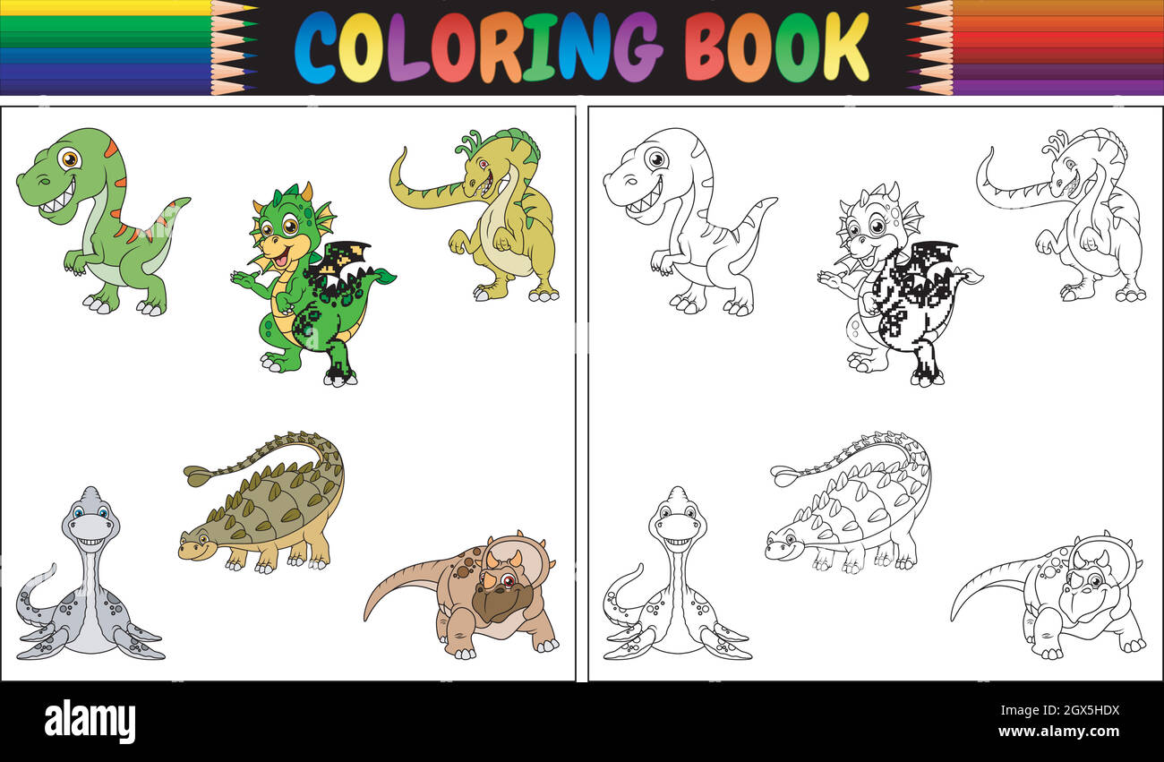 Libro da colorare con collezione di cartoni animati dinosauri Illustrazione Vettoriale
