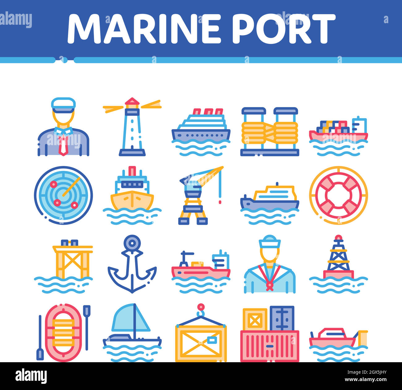 Marine Port Transport Collection icone Set Vector Illustrazione Vettoriale