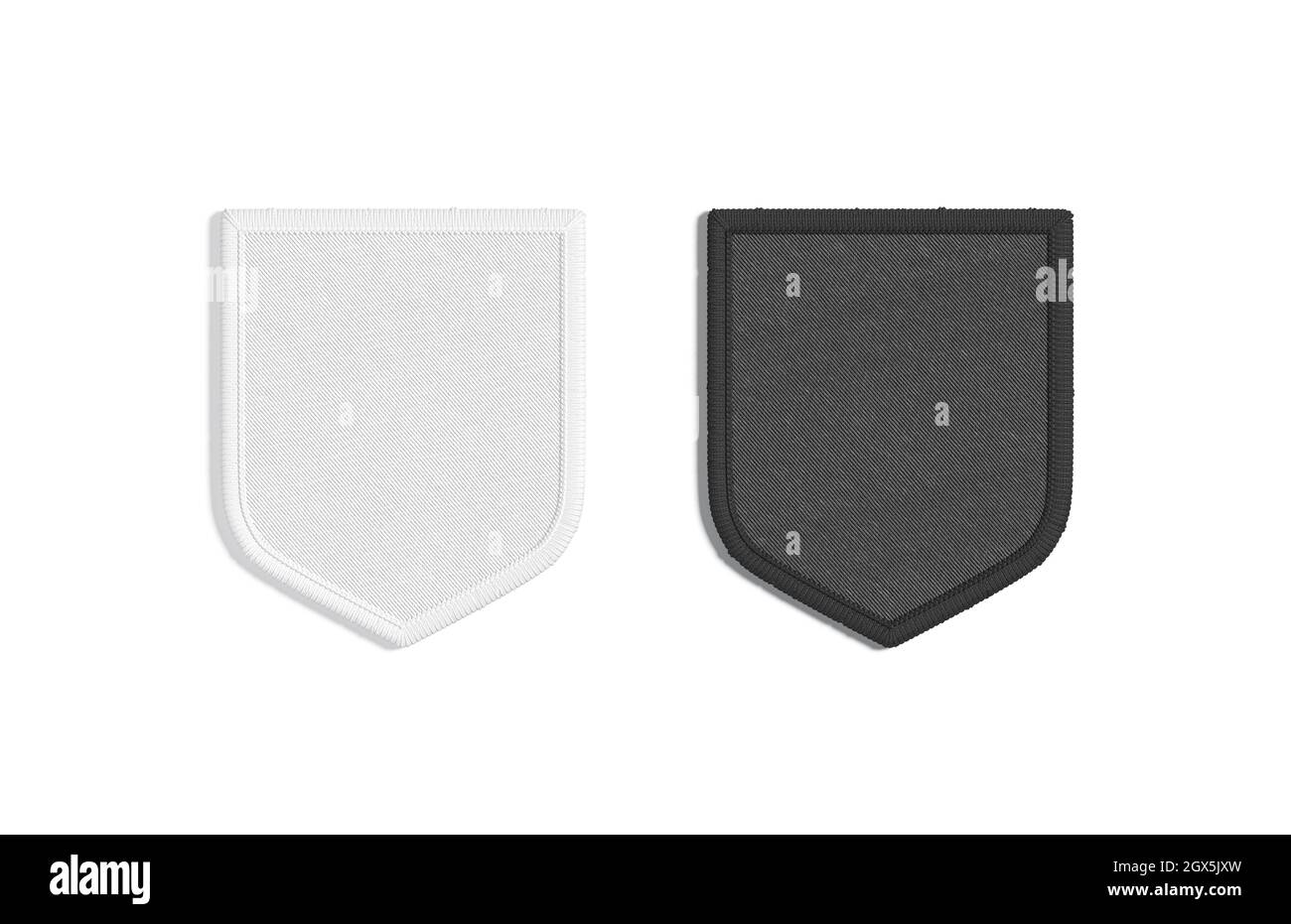 Schermo bianco e nero vuoto mockup patch ricamato, vista dall'alto, rendering 3d. Fissaggio a nastro vuoto, isolato. Etichetta trasparente cucita o b Foto Stock