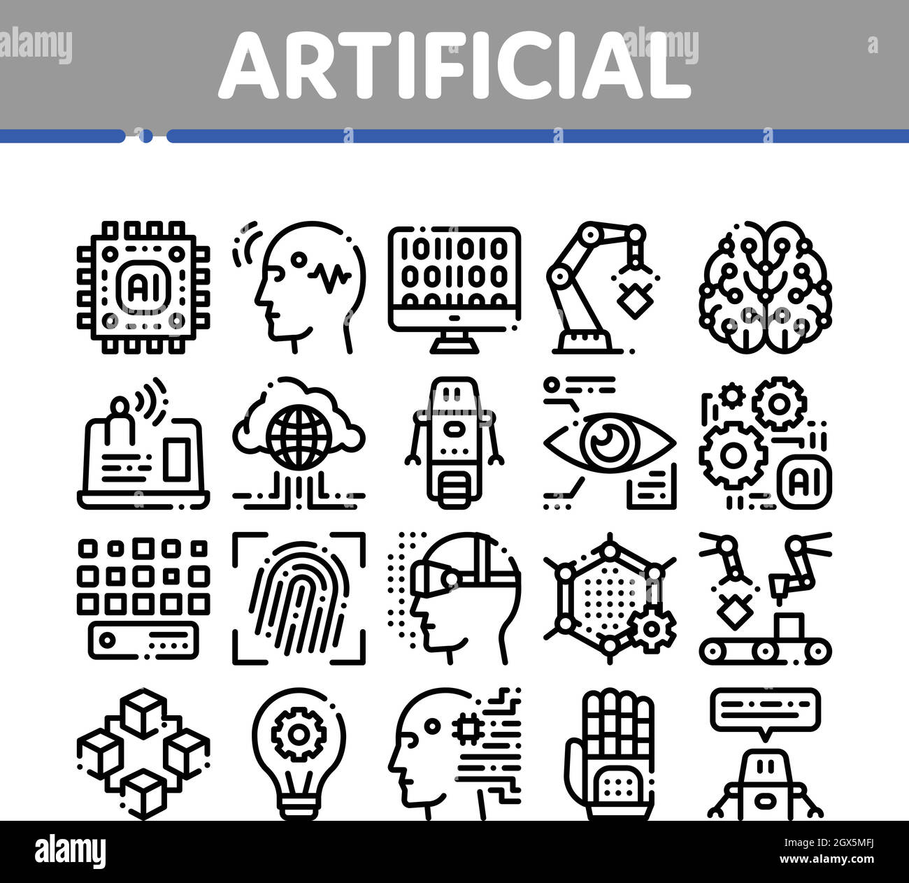 Intelligenza artificiale sottile vettoriali set di icone Illustrazione Vettoriale