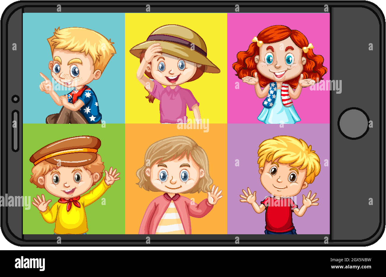 Carattere cartoon bambini diverso sullo schermo dello smartphone Illustrazione Vettoriale