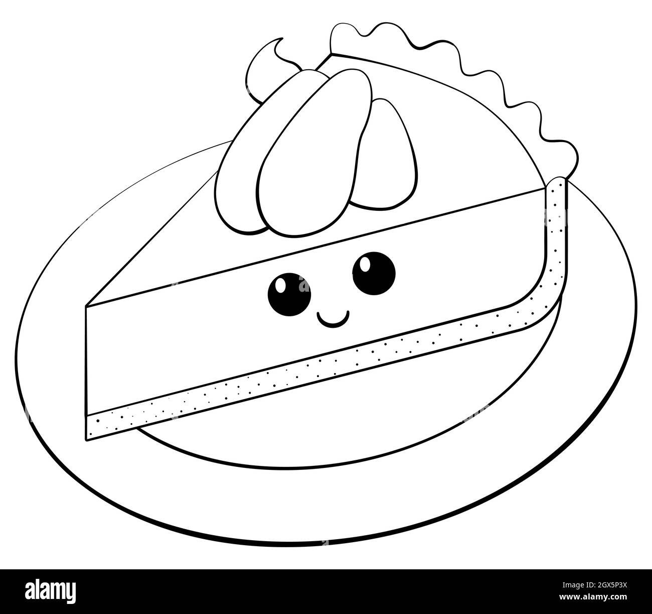 Pezzo di torta con occhi e sorriso contorno icona monocromatica. Illustrazione del vettore di fetta Cheesecake isolata su sfondo bianco. Illustrazione Vettoriale