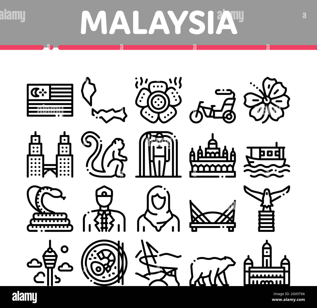 Malaysia National Collection Icons Set vettore Illustrazione Vettoriale