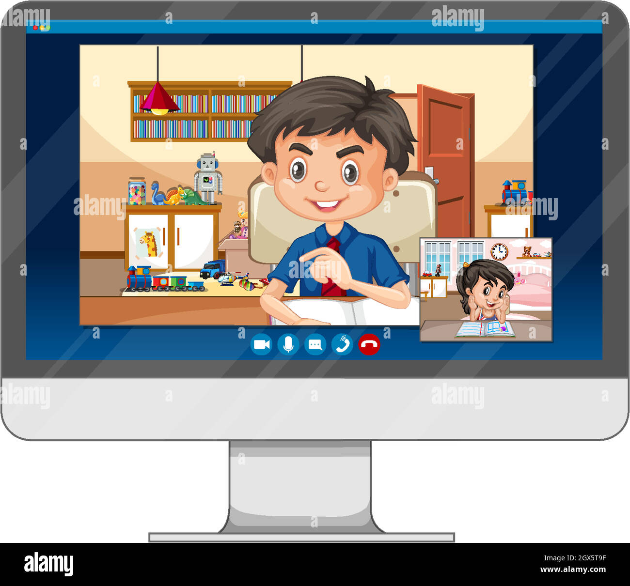 Schermata online della chat video degli studenti sullo schermo del computer su sfondo bianco Illustrazione Vettoriale