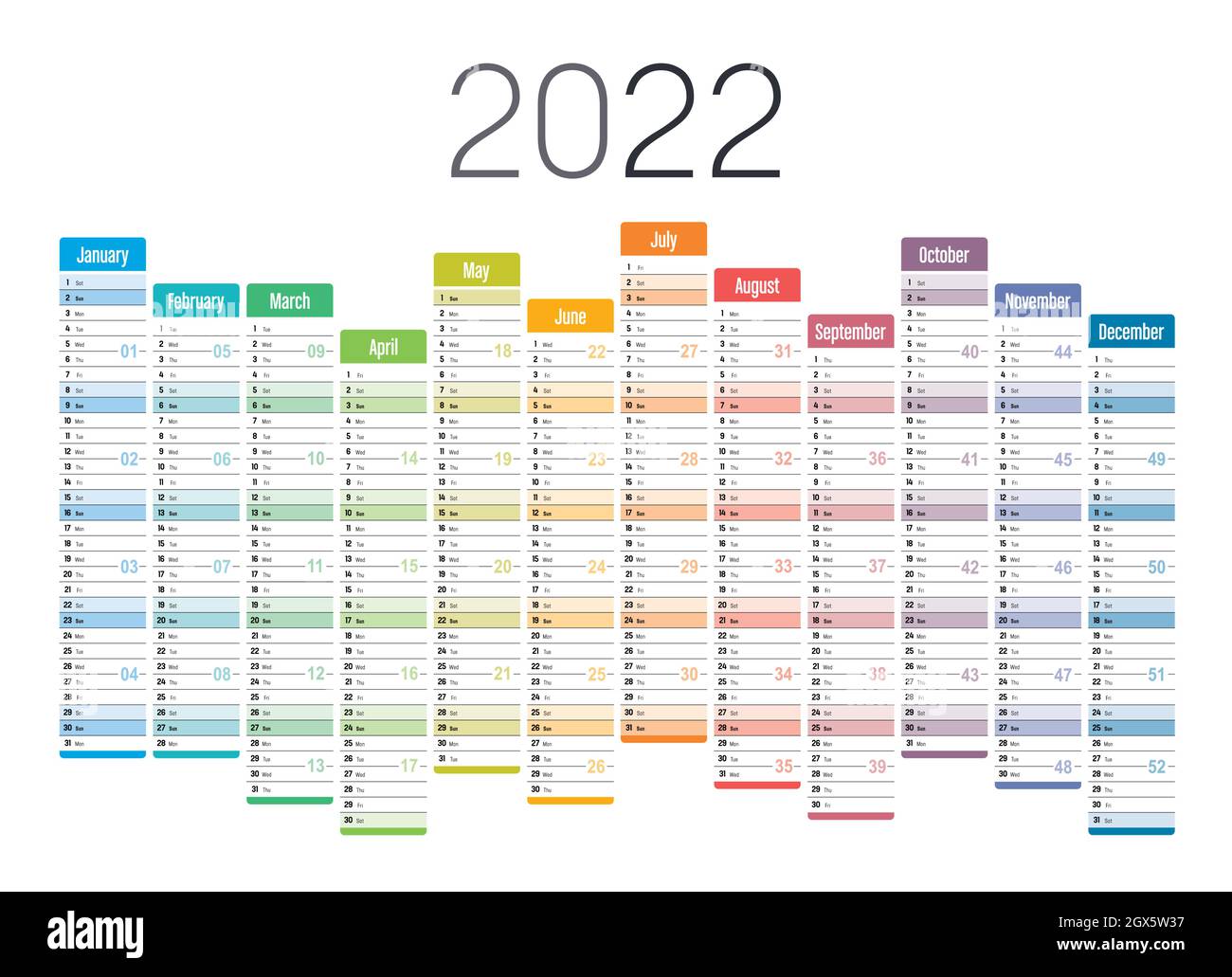 Anno 2022 calendario da parete di una pagina, multicolore su sfondo bianco. Modello vettoriale. Illustrazione Vettoriale