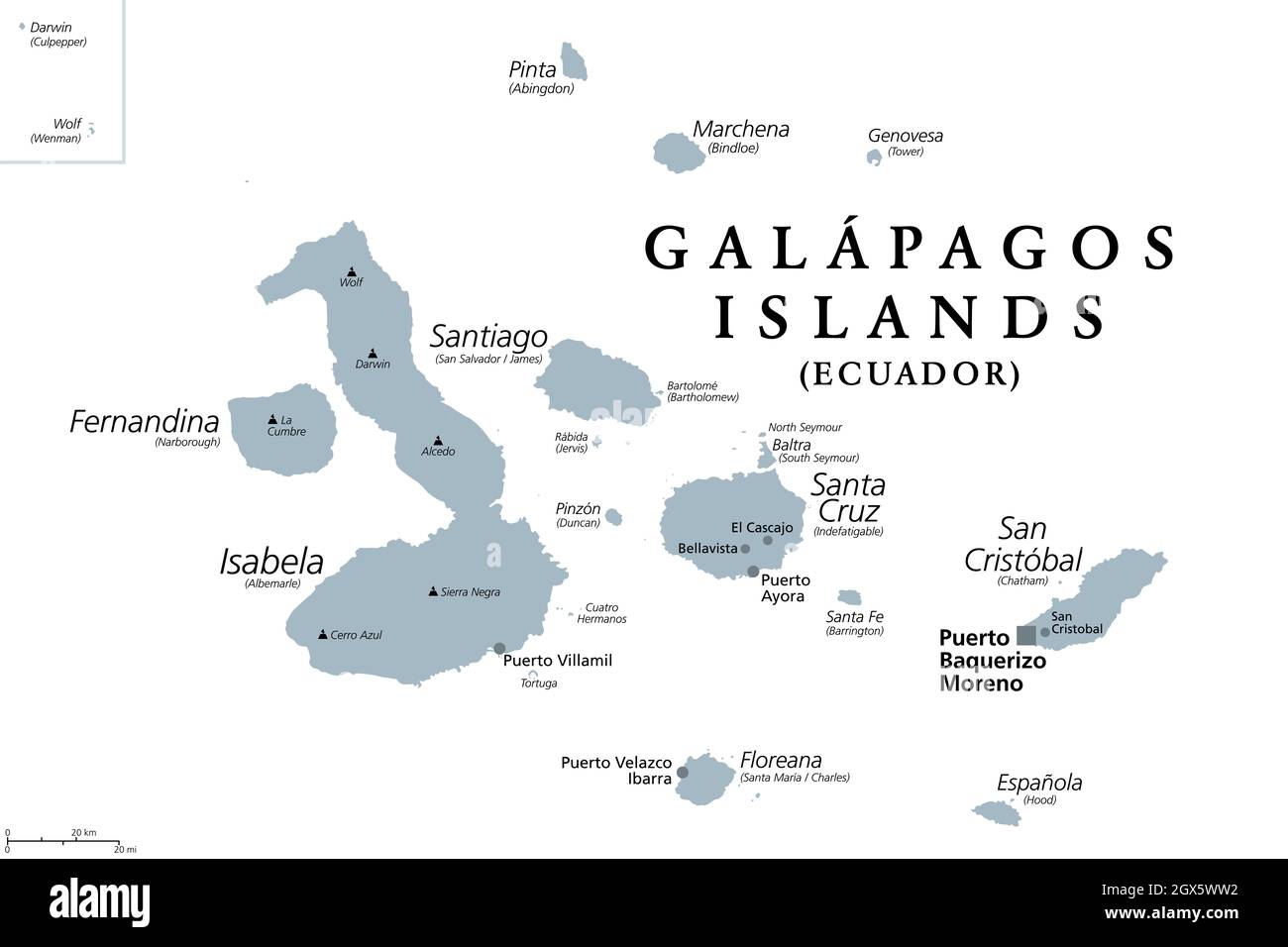 Isole Galapagos, Ecuador, mappa politica grigia, capitale Puerto Baquerizo Moreno. Arcipelago di isole vulcaniche su entrambi i lati dell'equatore nel Pacifico. Foto Stock
