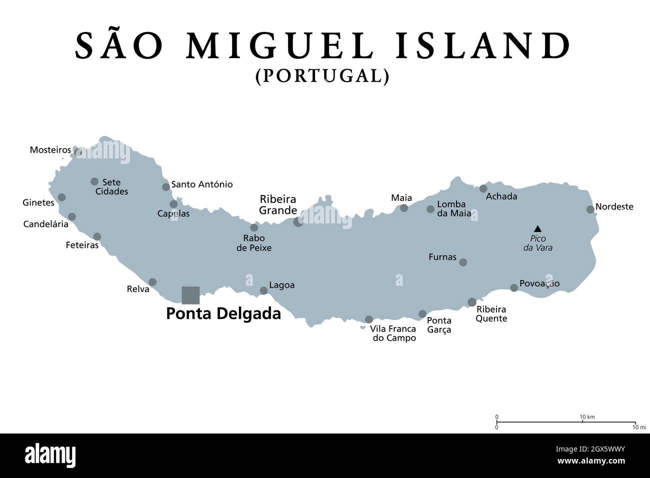 Isola di Sao Miguel, Azzorre, Portogallo, mappa politica grigia con la capitale Ponta Delgada. Soprannominata l'isola verde, la più grande isola più popolosa delle Azzorre. Foto Stock