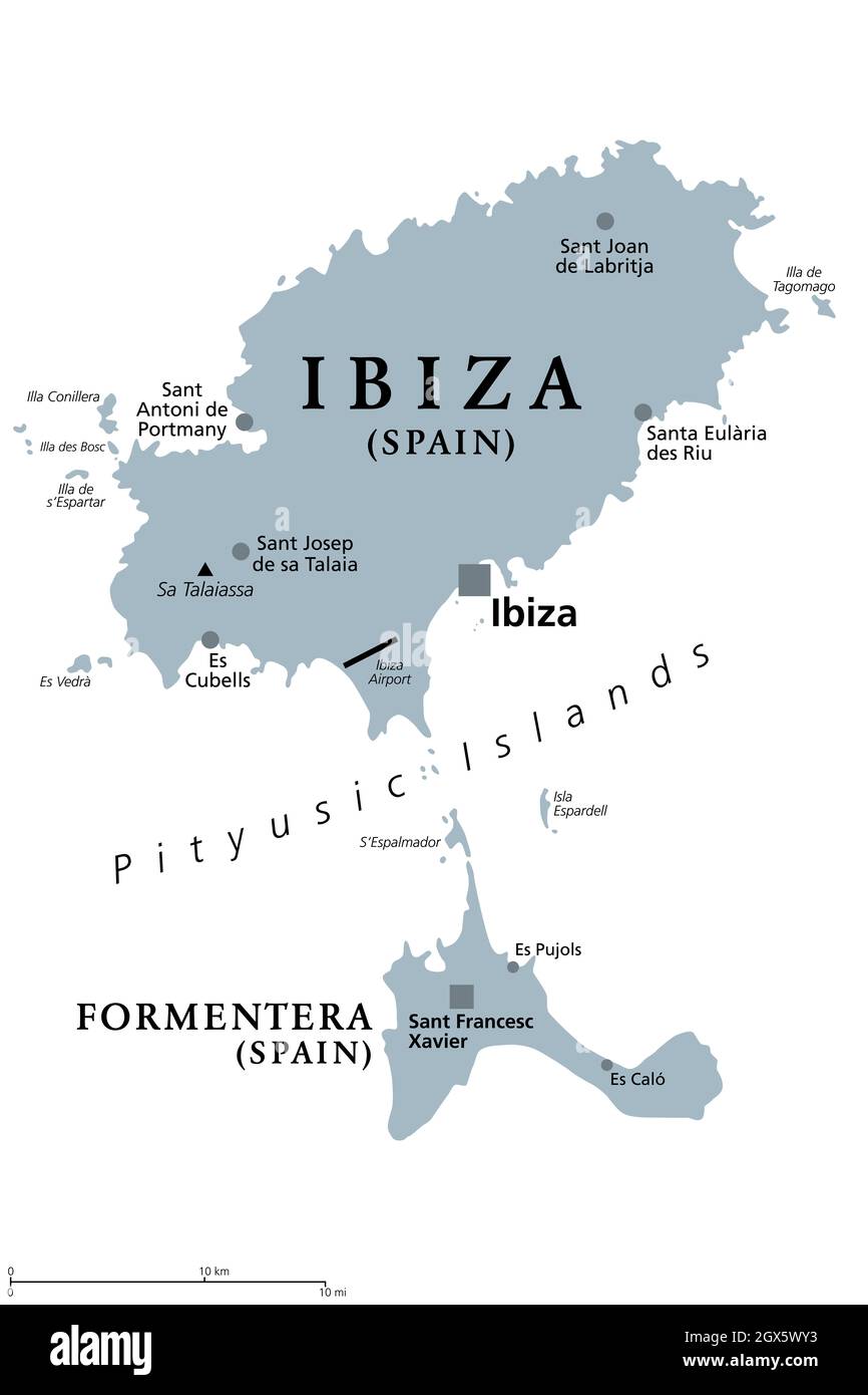 Isola di Ibiza e Formentera, Spagna, mappa politica grigia. Isole Pityusic, conosciute anche come Isole Pine, parte delle Isole Baleari, arcipelago della Spagna. Foto Stock