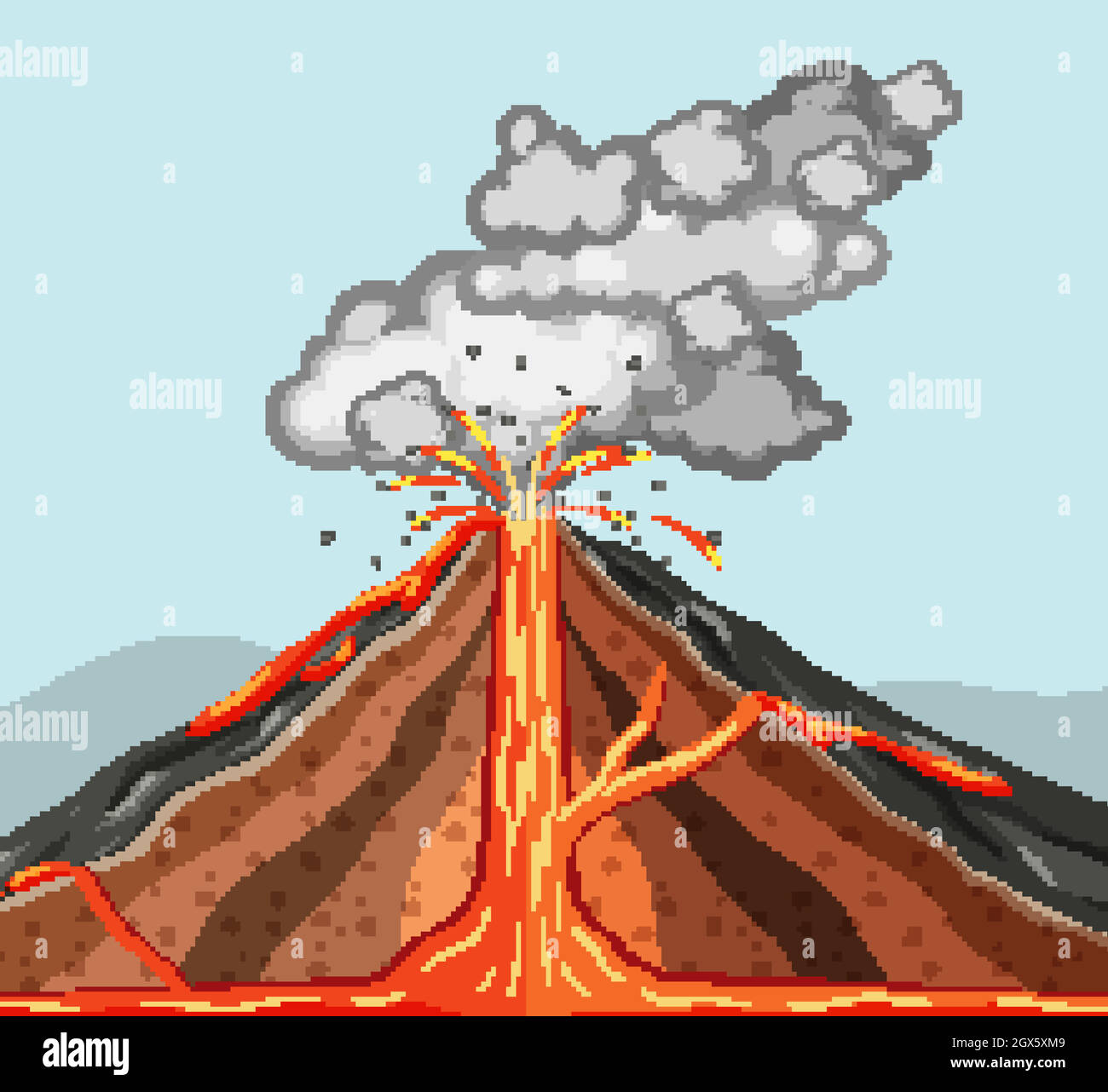 All'interno del vulcano con eruzione di lava e fumo che esce Illustrazione Vettoriale